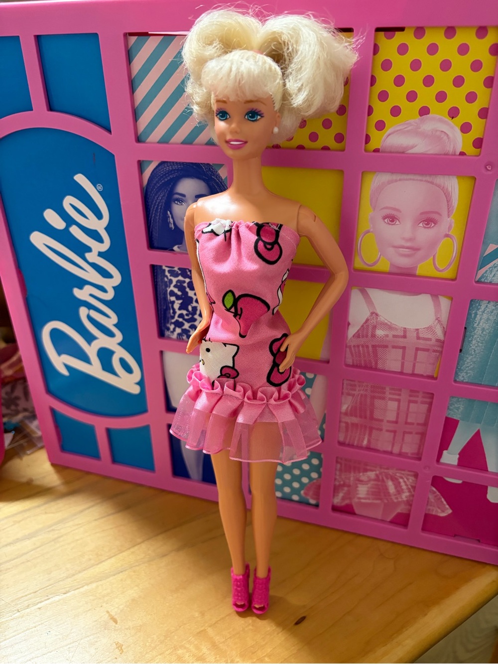 Barbie Pink Printed Strapless Ruffle Dress with Pink Heels